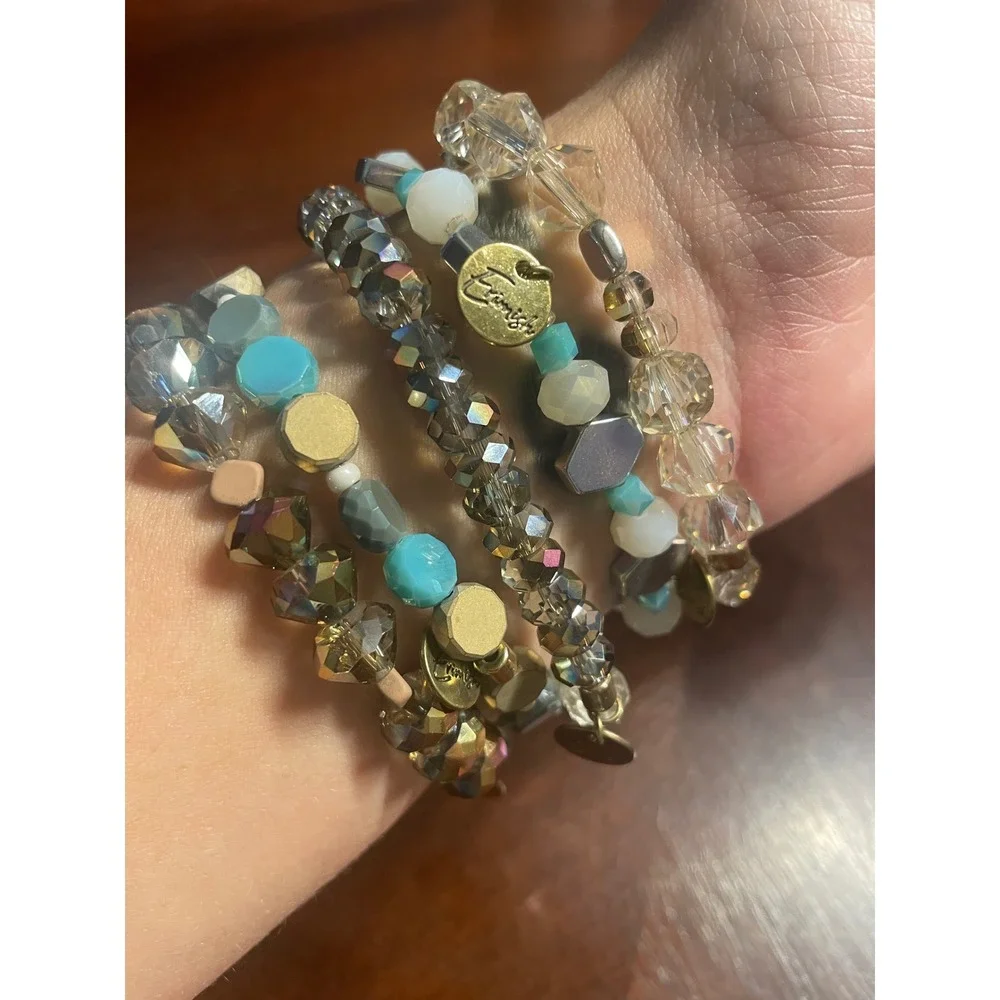 Erimish Beaded Bracelet Stack Turquoise Champagne Grey 5 Piece Set with Pouch